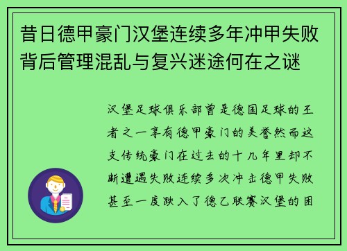 昔日德甲豪门汉堡连续多年冲甲失败背后管理混乱与复兴迷途何在之谜 昔日德甲豪门汉堡连续多年冲甲失败背后管理混乱与复兴迷途何在之谜